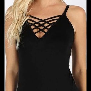 BOUTIQUE ITEM- BLACK LATTICE TANK TOP SEAMLESS, ADJUSTABLE STRAPS, LONG